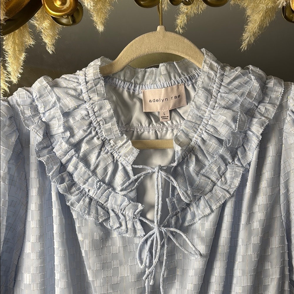 Adelyn Rae Light Blue Ruffled Dress Romantic Feminine Flowy Midi Dress - Picture 4 of 7